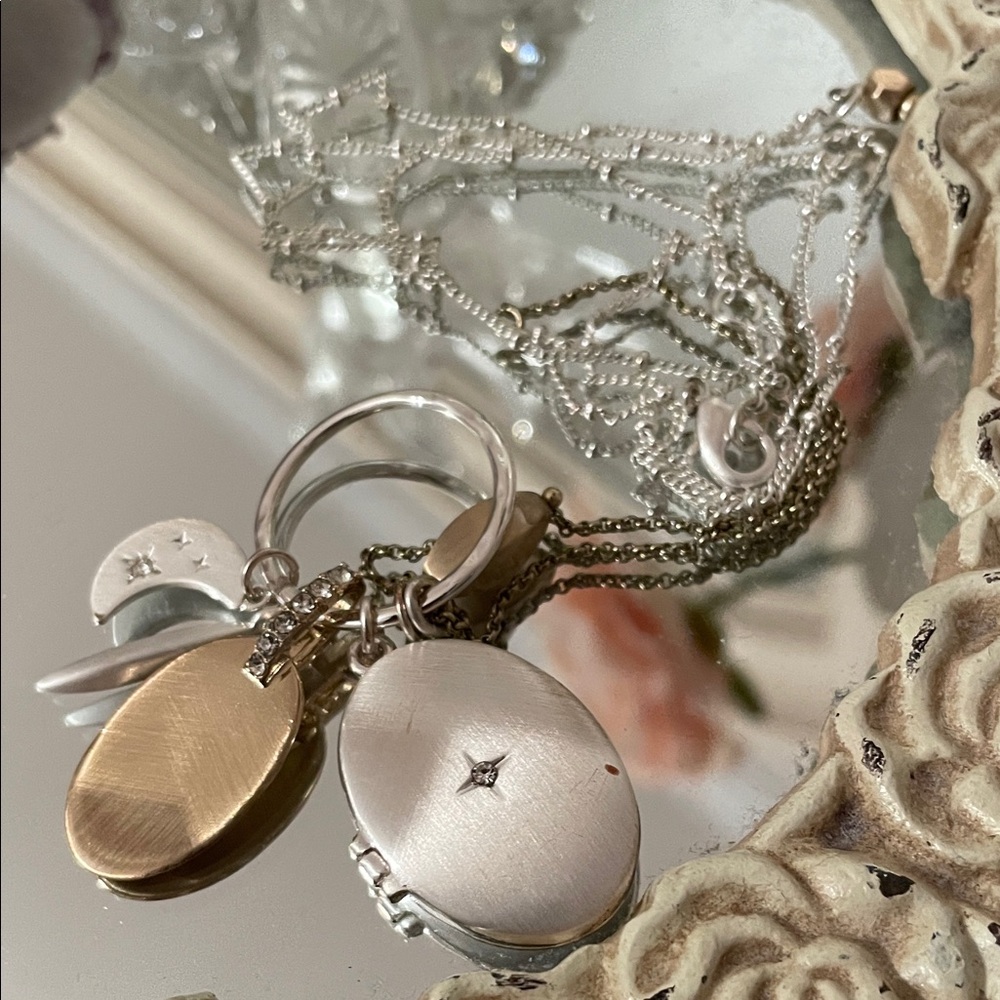 Silver and Gold Locket Necklace with Locket w/half moon & rhinestone Charms